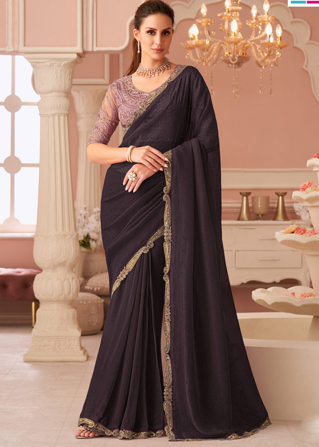 Magnetic Oak Brown Georgette Party Wear Saree with Embroidered Blouse
