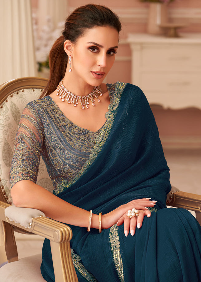 Lovely Peacock Blue Georgette Party Wear Saree with Embroidered Blouse