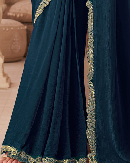 Lovely Peacock Blue Georgette Party Wear Saree with Embroidered Blouse