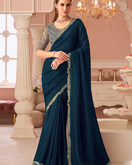 Lovely Peacock Blue Georgette Party Wear Saree with Embroidered Blouse