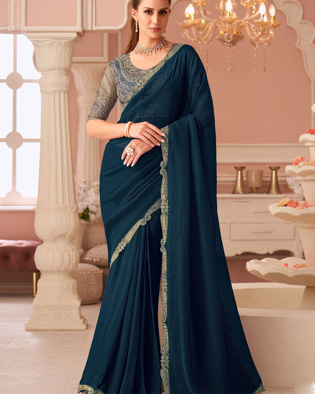 Lovely Peacock Blue Georgette Party Wear Saree with Embroidered Blouse