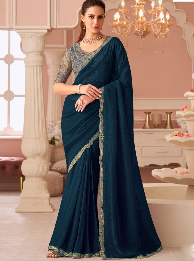 Lovely Peacock Blue Georgette Party Wear Saree with Embroidered Blouse