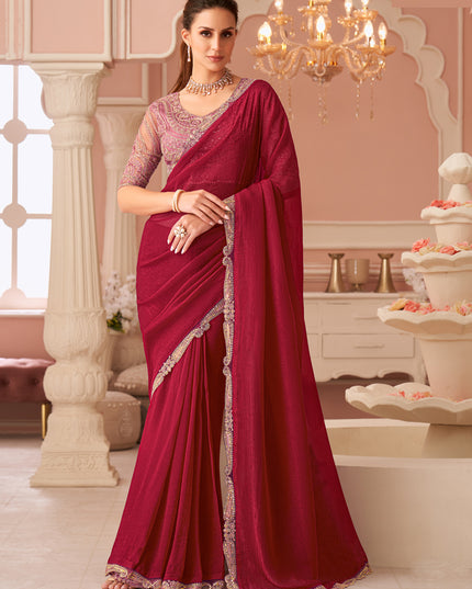 Beautiful Cherry Red Embroidered Georgette Party Wear Saree