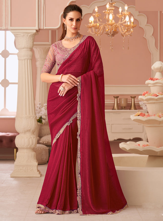 Beautiful Cherry Red Embroidered Georgette Party Wear Saree