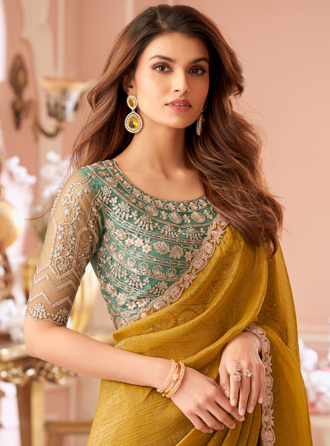 Charming Mustard Embroidered Georgette Party Wear Saree