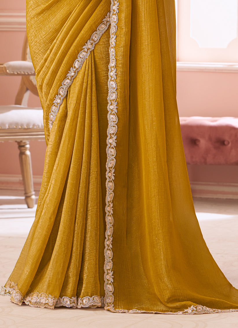 Charming Mustard Embroidered Georgette Party Wear Saree