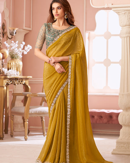 Charming Mustard Embroidered Georgette Party Wear Saree