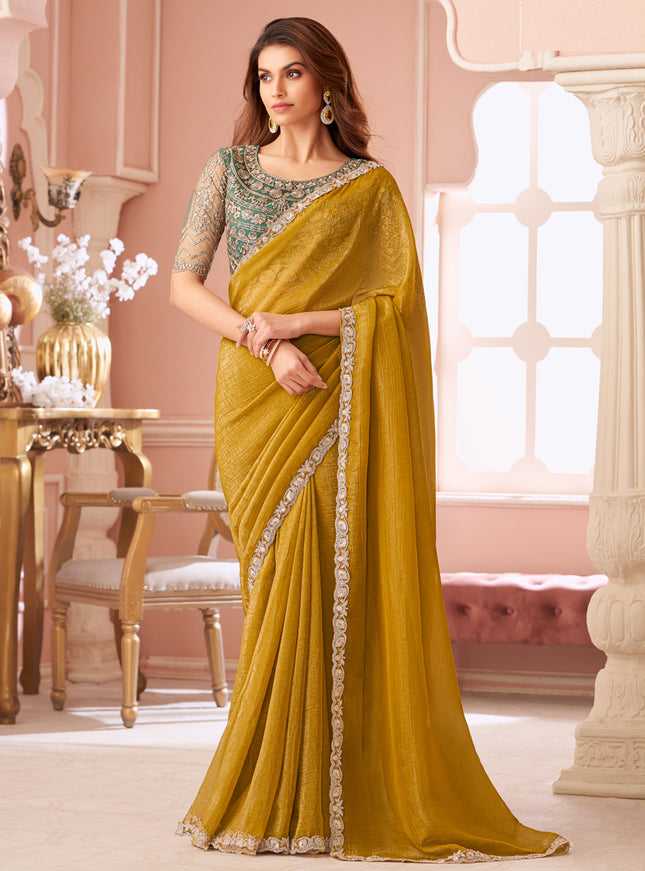 Charming Mustard Embroidered Georgette Party Wear Saree
