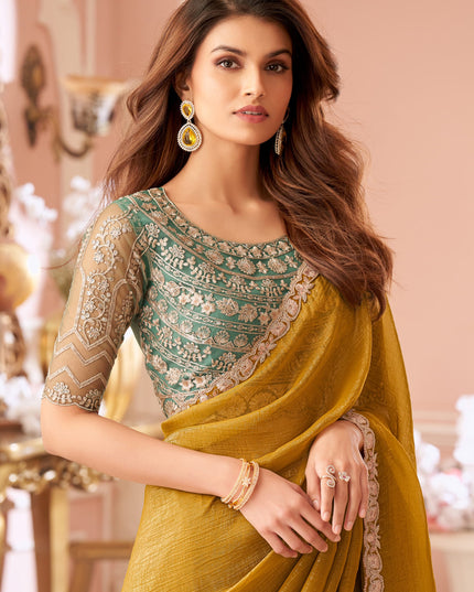 Awesome Mustard Georgette Party Wear Saree with Embroidered Blouse