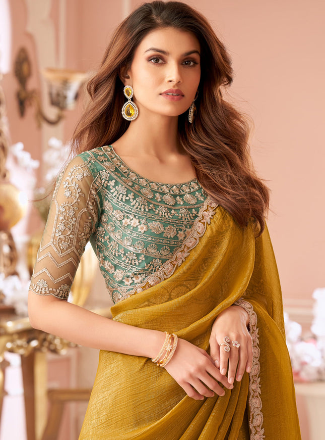 Awesome Mustard Georgette Party Wear Saree with Embroidered Blouse