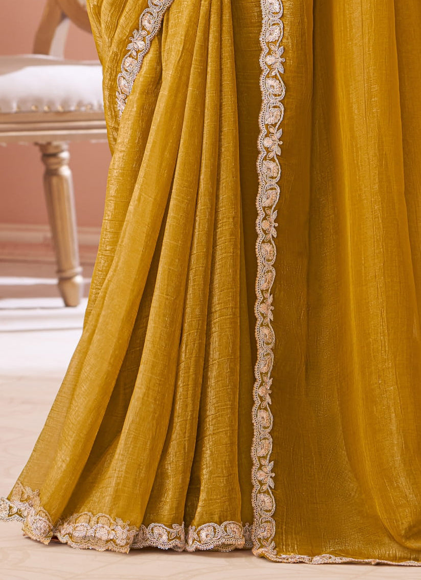 Awesome Mustard Georgette Party Wear Saree with Embroidered Blouse