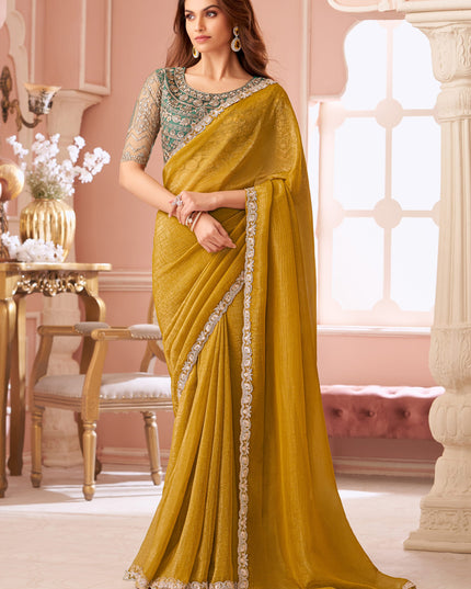 Awesome Mustard Georgette Party Wear Saree with Embroidered Blouse