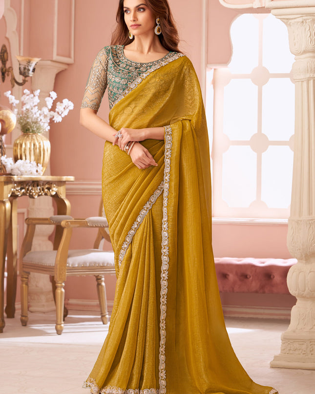 Awesome Mustard Georgette Party Wear Saree with Embroidered Blouse