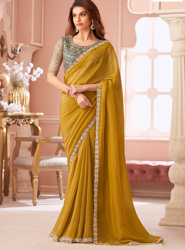 Awesome Mustard Georgette Party Wear Saree with Embroidered Blouse