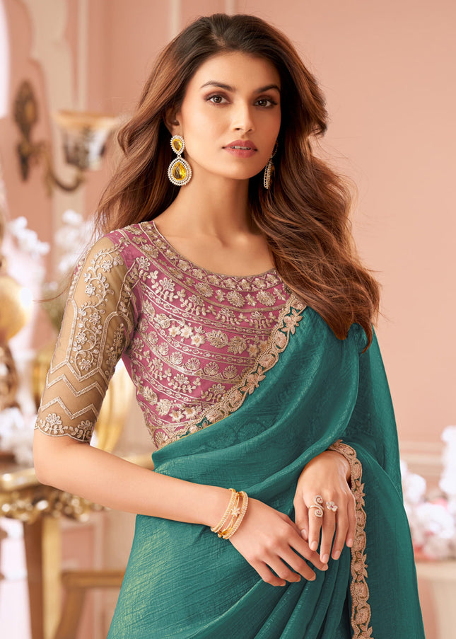 Stunning Rama Green Georgette Party Wear Saree with Embroidered Blouse