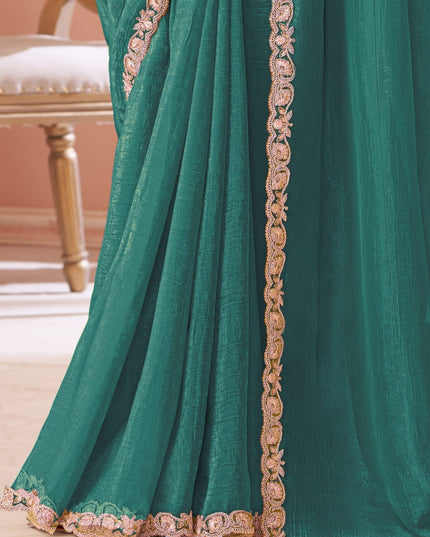 Stunning Rama Green Georgette Party Wear Saree with Embroidered Blouse