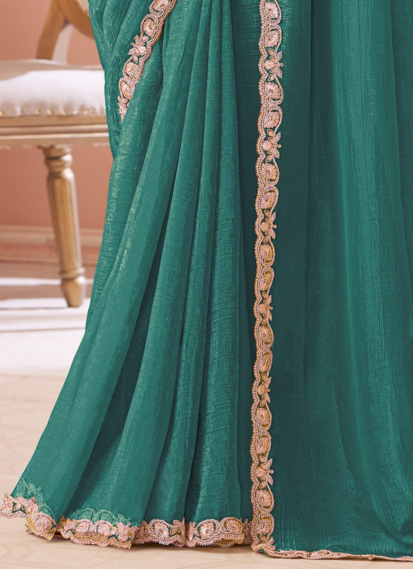 Stunning Rama Green Georgette Party Wear Saree with Embroidered Blouse