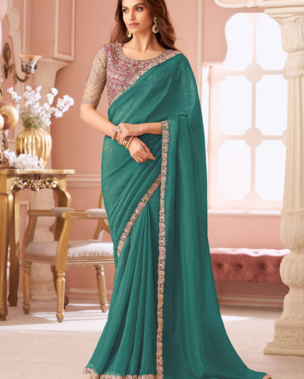 Stunning Rama Green Georgette Party Wear Saree with Embroidered Blouse