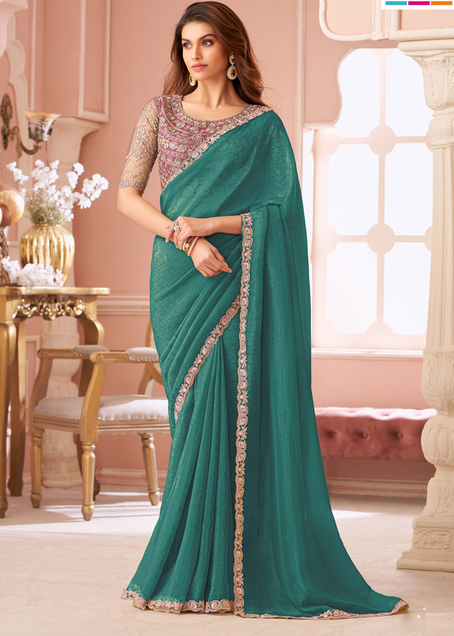 Stunning Rama Green Georgette Party Wear Saree with Embroidered Blouse