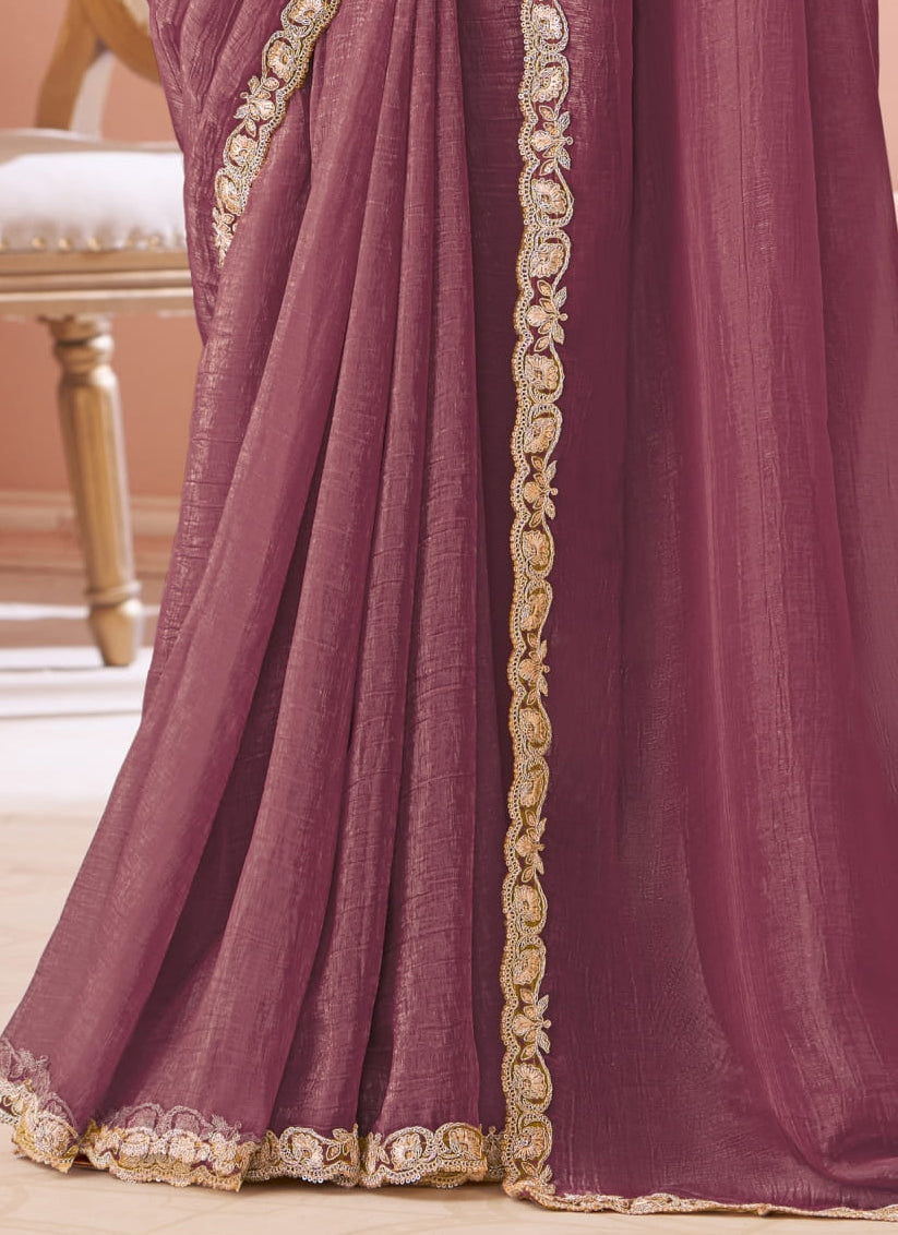 Wonderful Rose Taupe Georgette Party Wear Saree with Embroidered Blouse