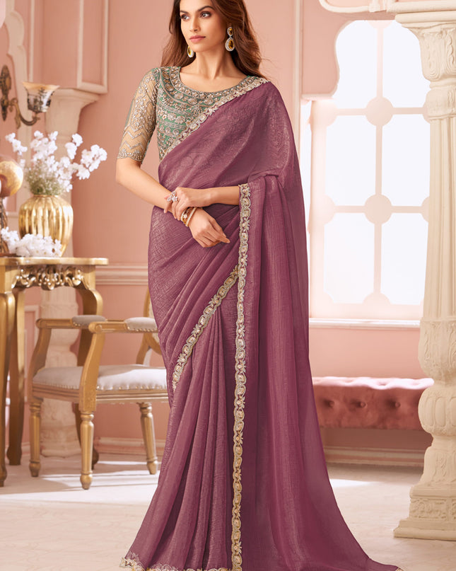 Wonderful Rose Taupe Georgette Party Wear Saree with Embroidered Blouse