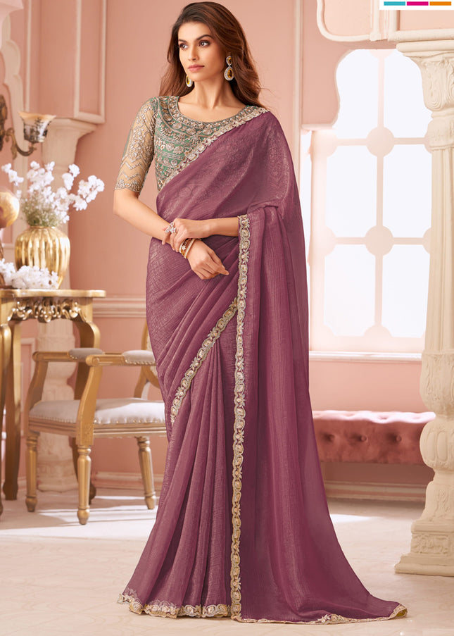 Wonderful Rose Taupe Georgette Party Wear Saree with Embroidered Blouse