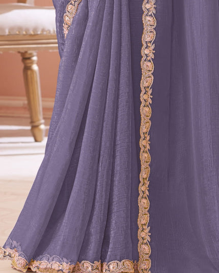 Gorgeous Lavender Grey Georgette Party Wear Saree with Embroidered Blouse