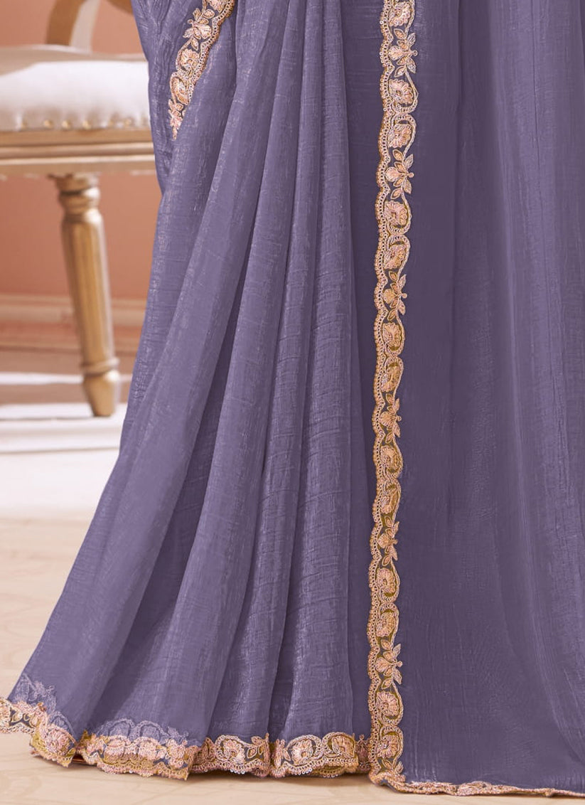 Gorgeous Lavender Grey Georgette Party Wear Saree with Embroidered Blouse