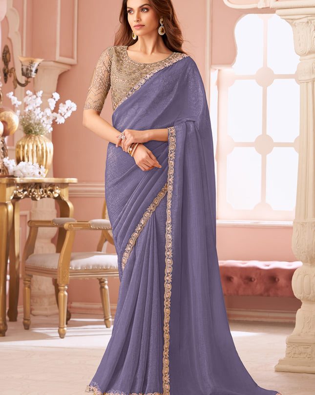 Gorgeous Lavender Grey Georgette Party Wear Saree with Embroidered Blouse