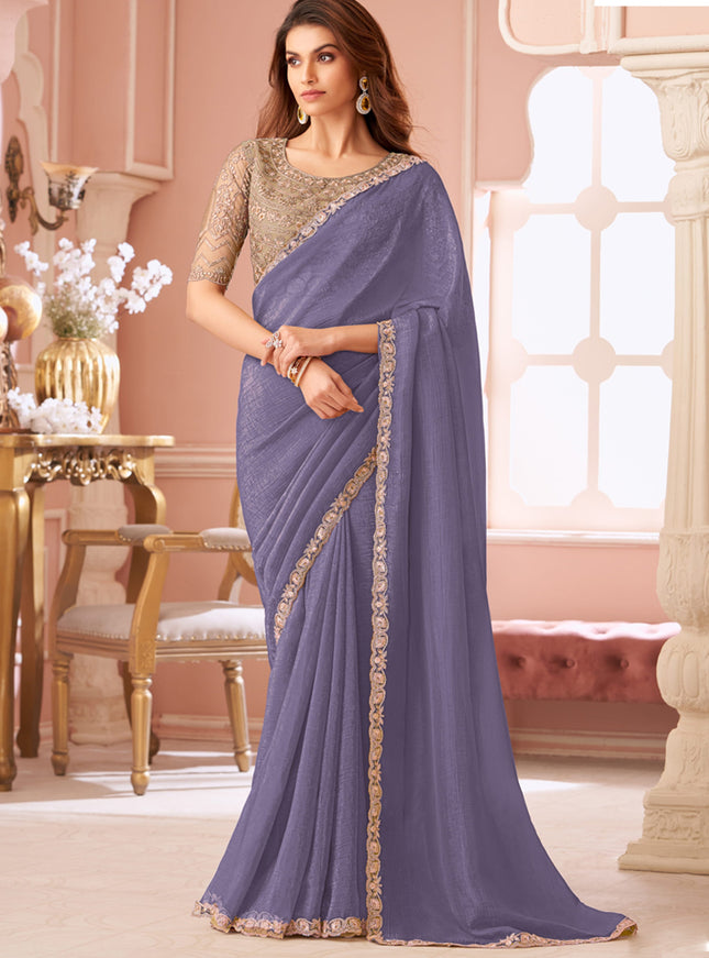 Gorgeous Lavender Grey Georgette Party Wear Saree with Embroidered Blouse