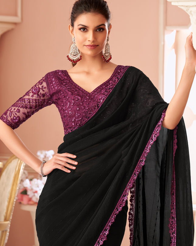 Attractive Black Embroidered Georgette Party Wear Saree