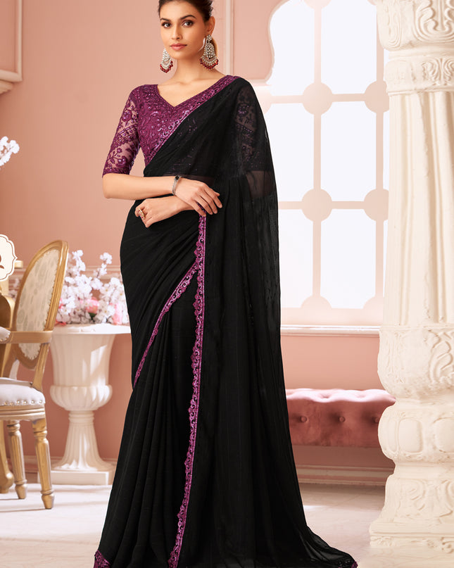 Attractive Black Embroidered Georgette Party Wear Saree