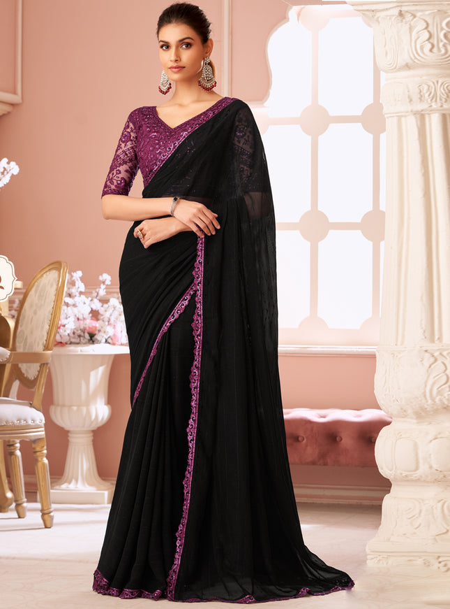 Attractive Black Embroidered Georgette Party Wear Saree