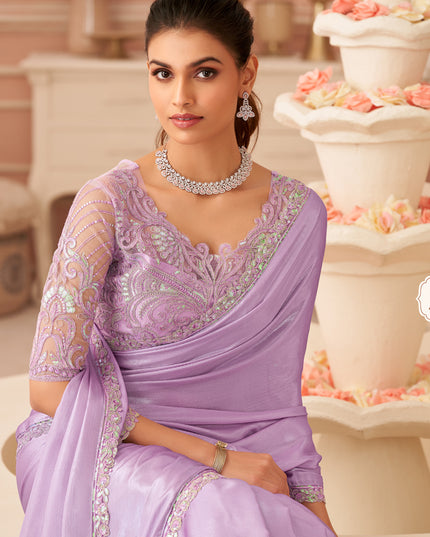Stylish Lavender Embroidered Chiffon Party Wear Saree