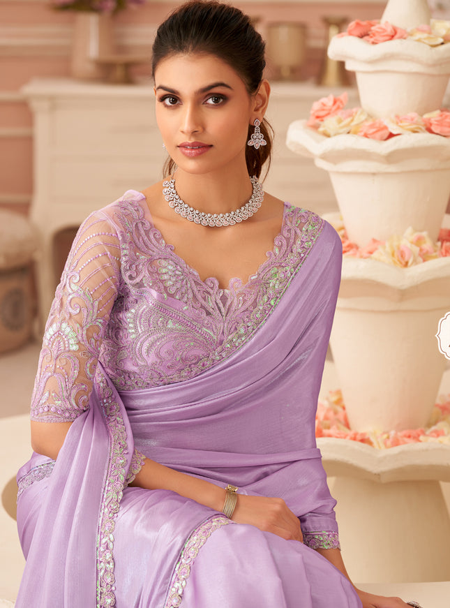 Stylish Lavender Embroidered Chiffon Party Wear Saree