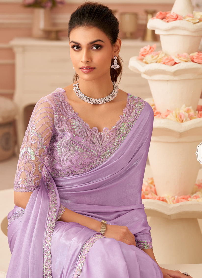 Stylish Lavender Embroidered Chiffon Party Wear Saree