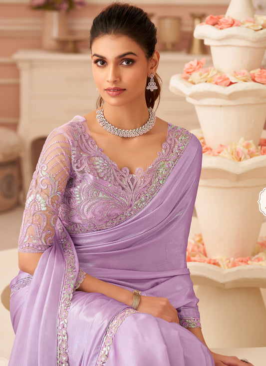 Stylish Lavender Embroidered Chiffon Party Wear Saree