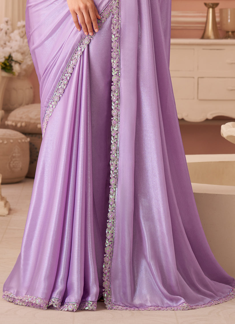 Stylish Lavender Embroidered Chiffon Party Wear Saree