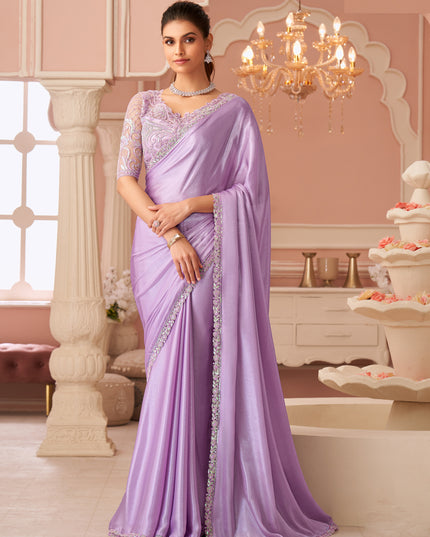 Stylish Lavender Embroidered Chiffon Party Wear Saree