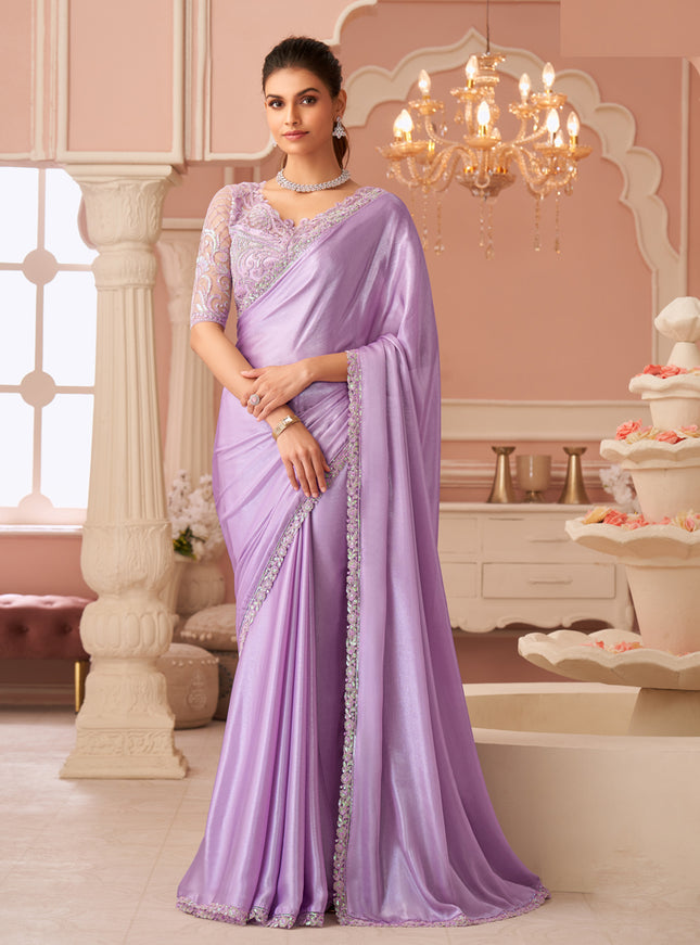 Stylish Lavender Embroidered Chiffon Party Wear Saree