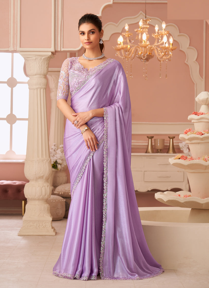 Stylish Lavender Embroidered Chiffon Party Wear Saree