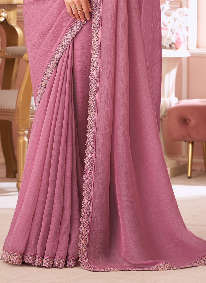 Delicate Puce Pink Embroidered Georgette Party Wear Saree
