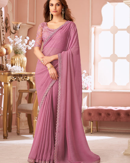 Delicate Puce Pink Embroidered Georgette Party Wear Saree