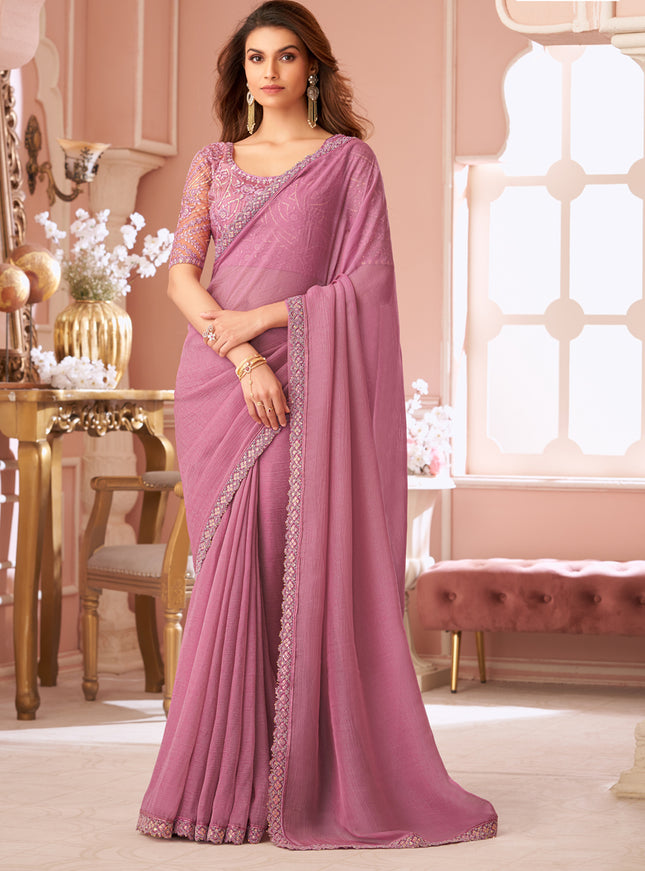 Delicate Puce Pink Embroidered Georgette Party Wear Saree