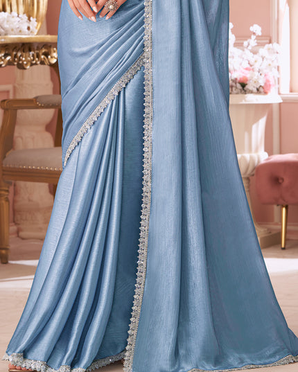 Sweet Cornflower Blue Embroidered Chiffon Party Wear Saree