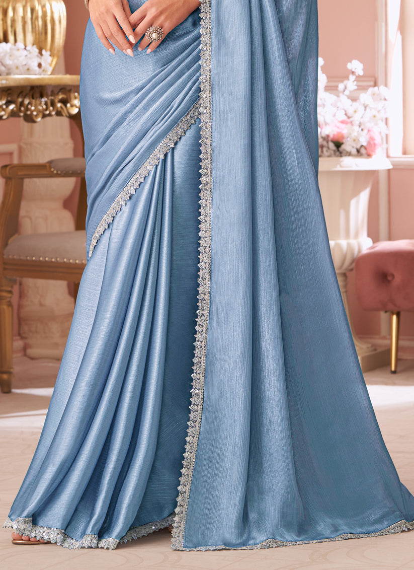 Sweet Cornflower Blue Embroidered Chiffon Party Wear Saree