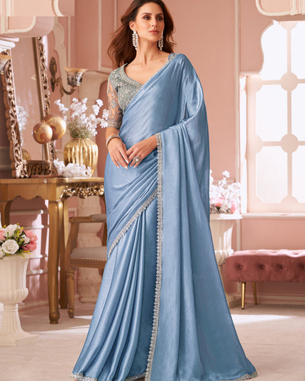Sweet Cornflower Blue Embroidered Chiffon Party Wear Saree