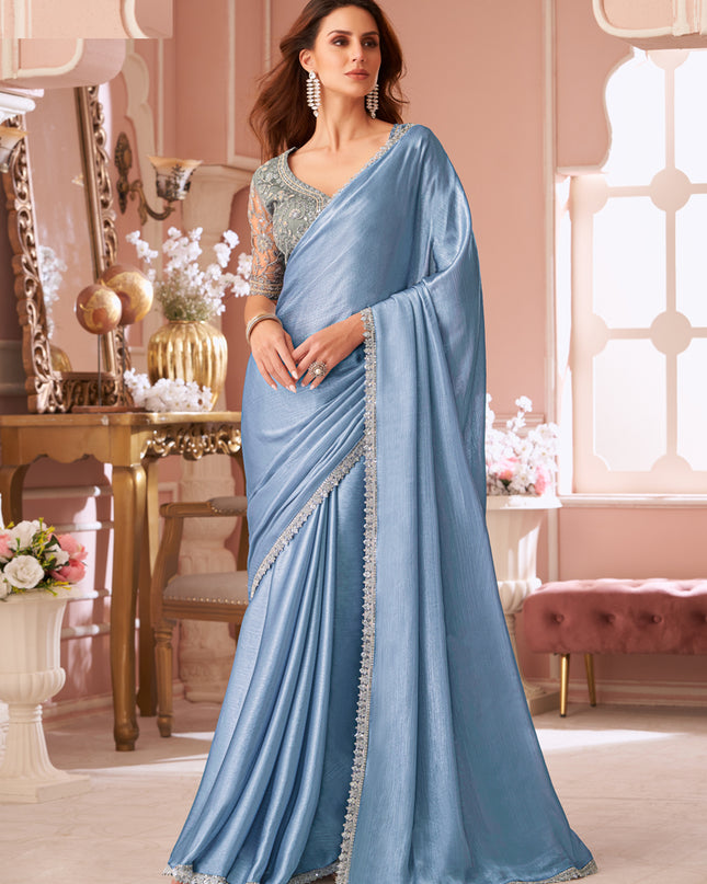 Sweet Cornflower Blue Embroidered Chiffon Party Wear Saree