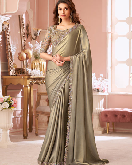 Adorable Dusty Beige Embroidered Chiffon Party Wear Saree