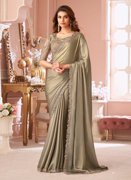 Adorable Dusty Beige Embroidered Chiffon Party Wear Saree